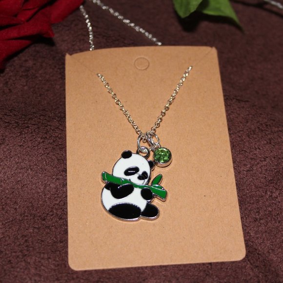 Hungry Panda with Colored Rhinestone Silver Dainty Necklace - Picture 6 of 6
